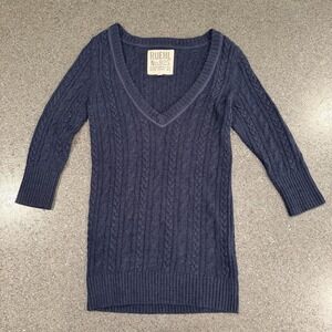 RUEHL NO 925 Sweater Womens‎ Large Blue Fitted Cable Knit Deep V-Neck Retro Y2K